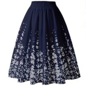 Spring/Summer Elastic Waist Blue Floral A-Line Flared Skirt Casual skirt
